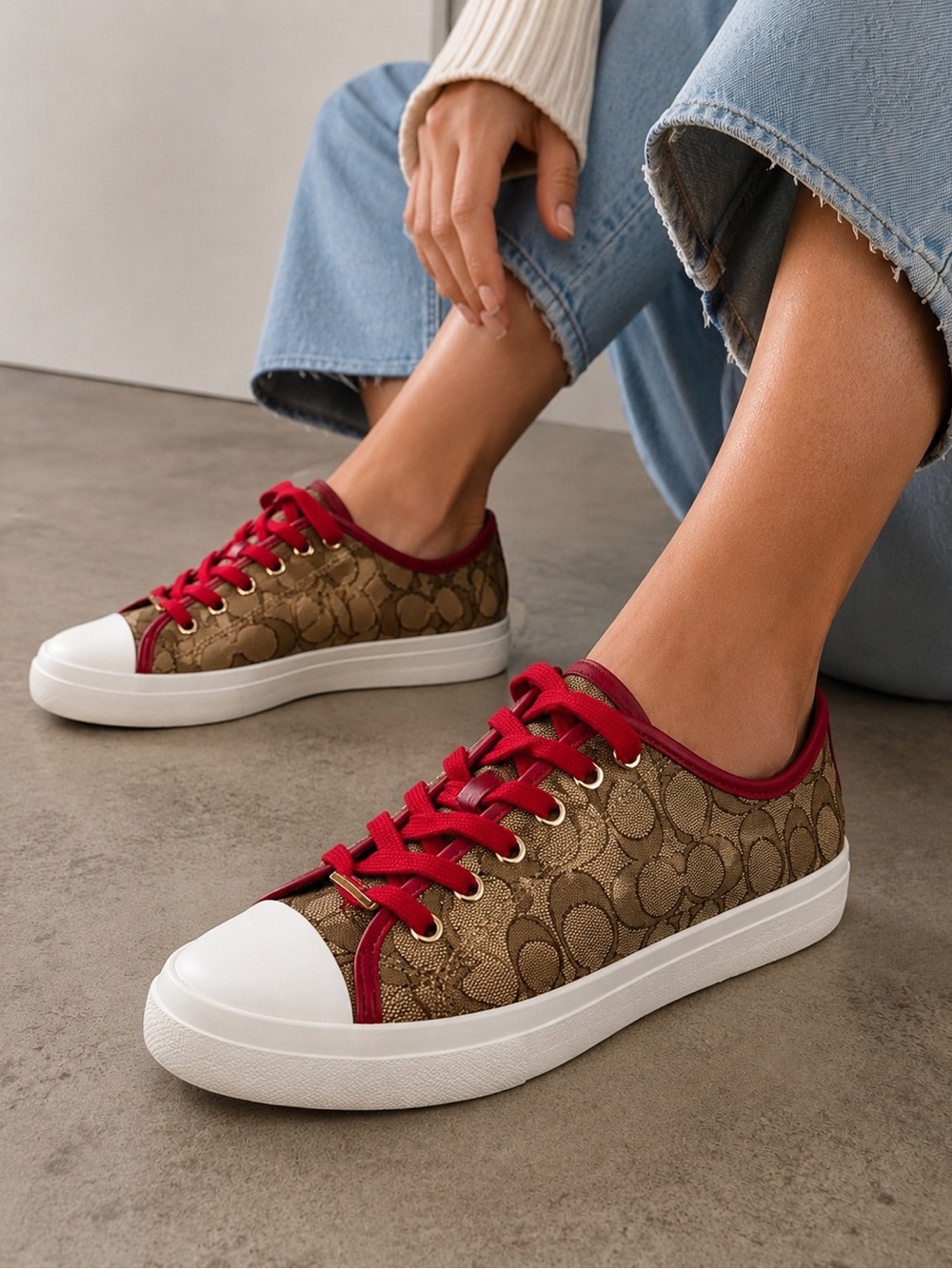 Coach Empire Outline Red & Tan Canvas Sneakers Size 8